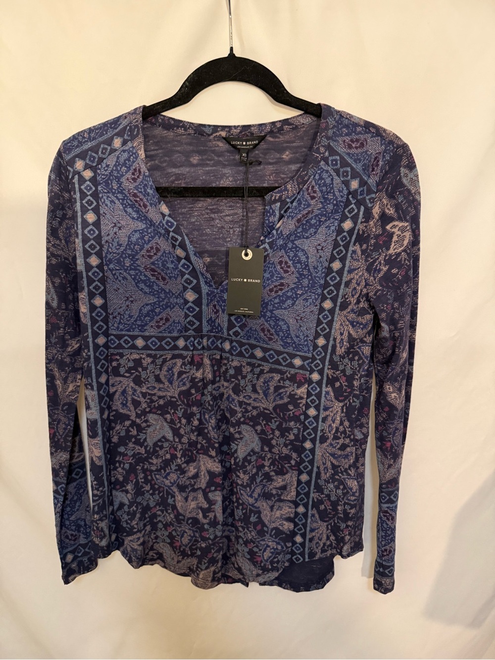 Lucky Brand Blue Floral Patterned Long-Sleeve V-Neck Bohemian Blouse size XS